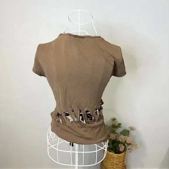 Stunning 90s express vintage y2k going out distressed grunge brown baby tee - Picture 5 of 6